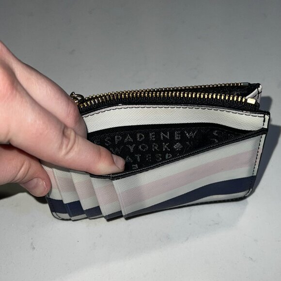 Kate Spade Laurel Way Bitsy Card Holder Zip Top with Keyring Blue Pink Stripe - Picture 9 of 10